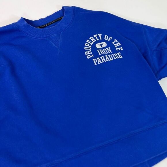 Under Armour Sweatshirt Womens Large Blue Project Rock Iron Paradise Crop Fleece - Picture 3 of 9